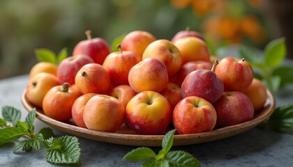 A wooden bowl overflowing with ripe, colorful crabapples.  The vibrant hues and natural setting create a cheerful and inviting scene.