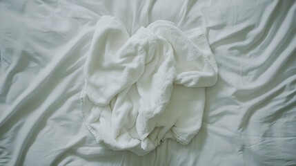 Obraz premium Neatly Folded White Towels on Hotel Bed, Minimalist Comfort and Cleanliness 