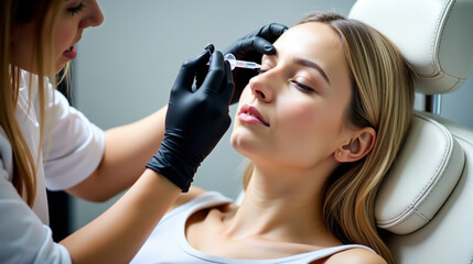 Fototapeta premium Woman lying down on a white chair with her eyes closed, receiving a botox injection