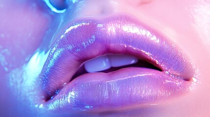 Close-up of glossy lips reflecting neon lights, creating a vibrant and colorful effect, highlighting the texture and shine of the lip gloss