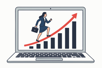 Businesswoman Climbing Growth Chart on Laptop Screen Symbolizing Career Advancement and Success in Digital Age