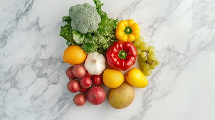 A vibrant still life showcasing a rainbow of fresh produce, including juicy lemons, crisp broccoli, plump red peppers, and sweet grapes, artfully arranged on a marble surface.