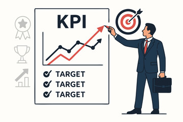 Businessman Analyzing KPI Growth Chart with Targets and Success Indicators, Achieving Goals and Strategic Planning for Business Performance Improvement