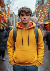 Obraz premium Young man in yellow hoodie on city street.