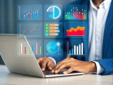 Data analytics with business professional and digital charts. Modern financial graphs overlaying laptop work. Tech-driven business analysis with colorful charts.