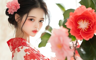 Fototapeta premium Young woman in kimono with floral backdrop.