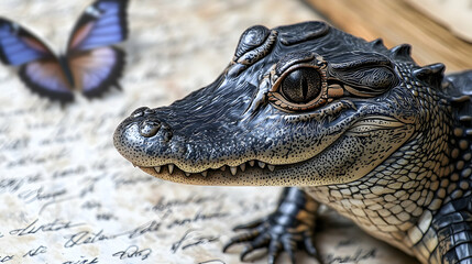Fototapeta premium A detailed close-up of a baby alligator with intricate markings.