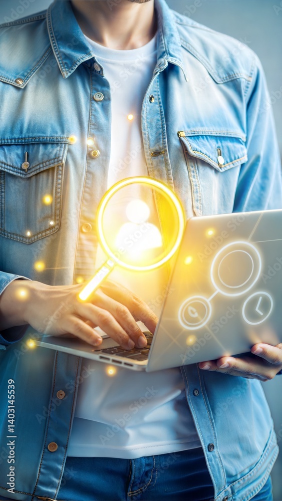 Poster digital file management with virtual interface overlay. person using laptop with minimalist search i