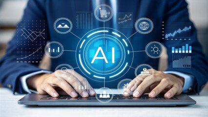 Futuristic AI business technology with holographic interface. Professional working on laptop with...
