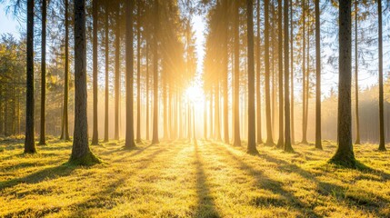 Fototapeta premium A serene forest scene featuring tall trees basking in the warm golden light of the sun, casting intricate shadows on the green grass below, evoking tranquility and peace.