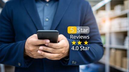 Customer review ratings on smartphone. Business professional analyzing digital feedback. Modern online reputation management.