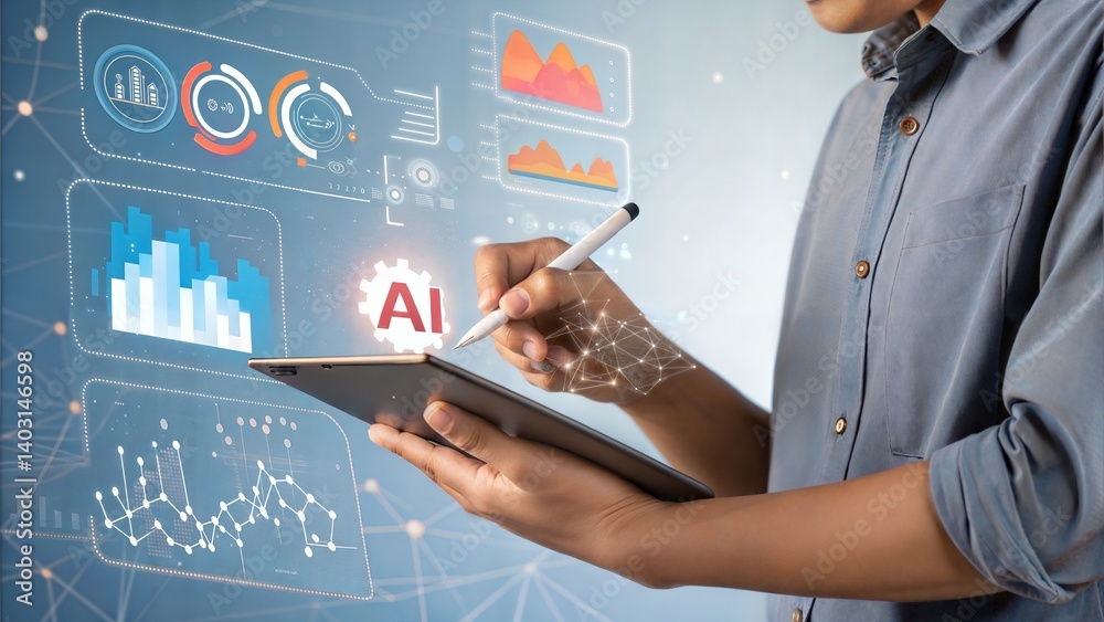 Poster ai data analysis with digital charts and graphs on tablet. modern tech professional using stylus on 