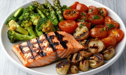 Grilled salmon with asparagus broccoli tomatoes and mushrooms on a white plate.