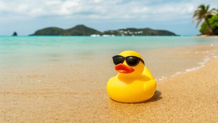 This image features a cheerful yellow rubber duck with black shades enjoying a sunny day on a sandy shore, with gentle waves and a distant island landscape