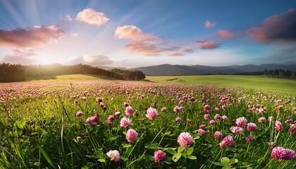 Fototapeta premium Clover field on a meadow Flower meadow in green and pink Plants from nature