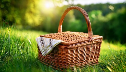 Wicker basket for summer picnic in the green