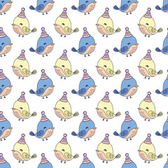 Birds in birthday hat. Seamless vector pattern for fabric design, wrapping paper, wallpapers.  Hand drawn.