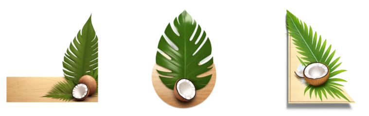 Wooden board and coconut leaf decoration PNG with transparent background, perfect for natural-themed frames, traditional event designs, adding rustic charm and tropical vibes.

