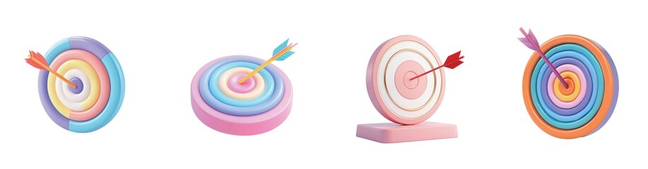 Colorful bullseye targets with arrows stuck in center display precision and accuracy