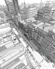 Fototapeta premium Urban Cityscape Aerial View Line Art Illustration in Monochrome Style with Detailed Buildings