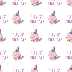 Birds in birthday hat. Seamless vector pattern for fabric design, wrapping paper, wallpapers.  Hand drawn.