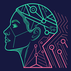 Fototapeta premium A neon-toned, AI-generated human face seamlessly merges with digital circuit lines, embodying the fusion of technology and abstract art.