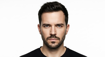 30 year old man with expression of concentration, looking directly at camera, white background