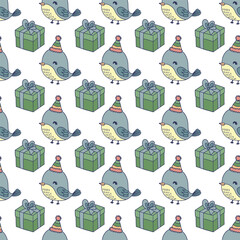 Birds in birthday hat and gifts. Seamless vector pattern for fabric design, wrapping paper, wallpapers.  Hand drawn.