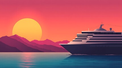 Pixel Art Cruise Ship at Sunset Over Pink Mountains
