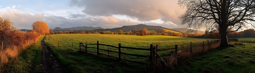 Beautiful autumn landscape with a green field and trees at sunset.