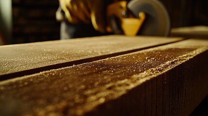 Carpenter measuring and cutting wooden planks accurately. Featuring craftsmanship and detail