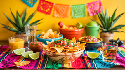 Vibrant Cinco de Mayo celebration  a feast of nacho chips spicy salsa  tequila shots  and colorful decorations on a lively yellow backdrop