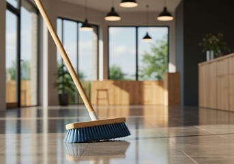 A blue broom resting on a shiny tiled floor in a modern room with large windows and pendant lights