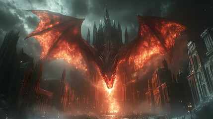 Naklejka premium A colossal, fiery dragon hovers menacingly over a gothic city.