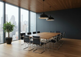 A conference room with a large table chairs and a view of the city through a large window