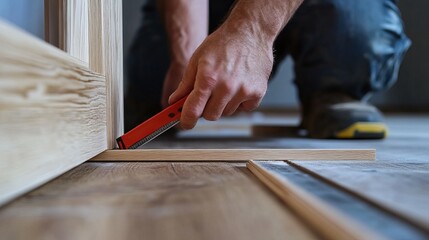 Carpenter measuring wood for door frame installation. Featuring accuracy and craftsmanship