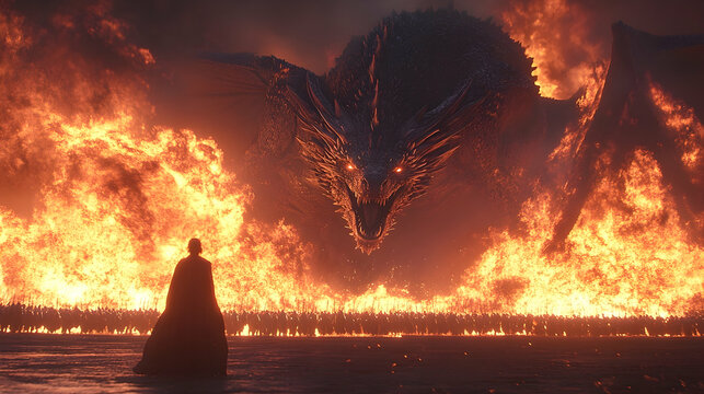 A colossal dragon, fiery destruction, and a lone figure face a massive army.