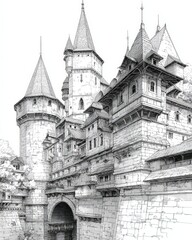 Obraz premium Intricate Hand-Drawn Illustration of a Majestic Fantasy Castle Surrounded by Enchanting Landscape