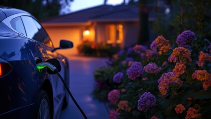 Electric car charging at home near flowers at dusk or night.