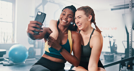 Happy, friends and women in gym selfie with partnership, bonding and team workout together....