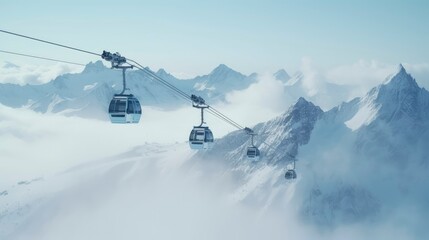 Cable Cars Ascending Snowy Mountain Peaks in the Alps
