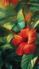 A vibrant depiction of a butterfly and hibiscus flower in a lush, tropical setting.