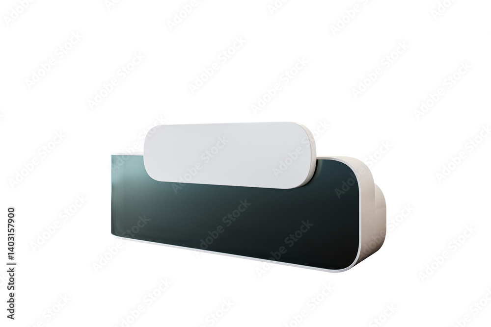 Poster Stylish modern reception desk with curved edges and dark front panel isolated on white background. 3D Rendering