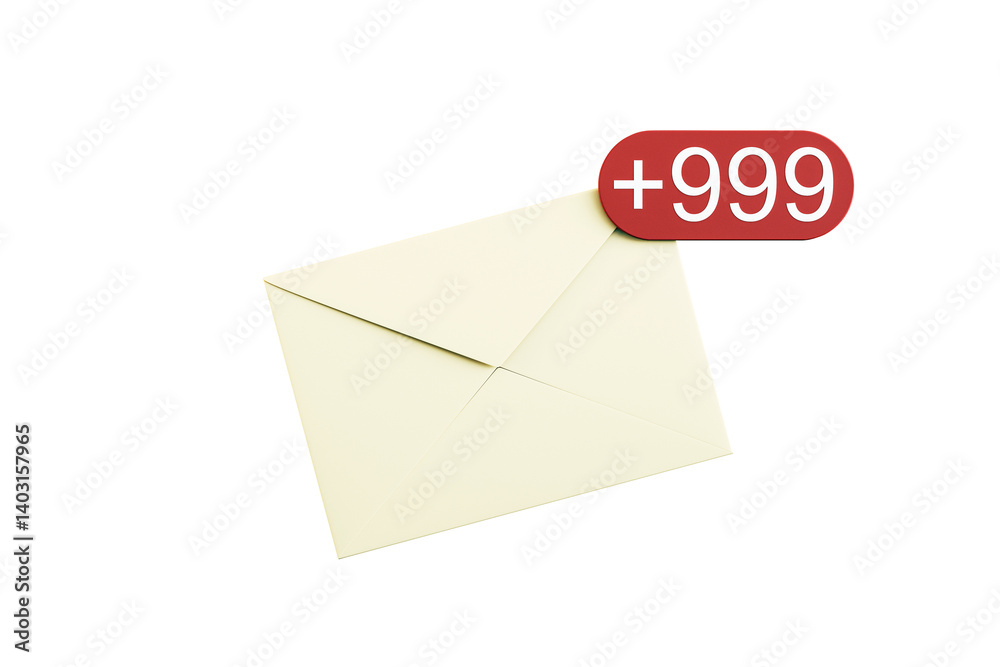 Aufkleber Closed envelope with red notification badge showing +999, clean minimal layout, isolated on white background. Concept of unread messages. 3D Rendering