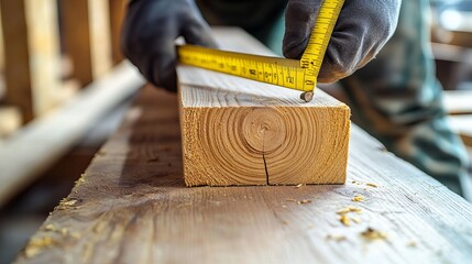 Carpenter measuring wooden beams for custom furniture. Featuring accuracy and craftsmanship