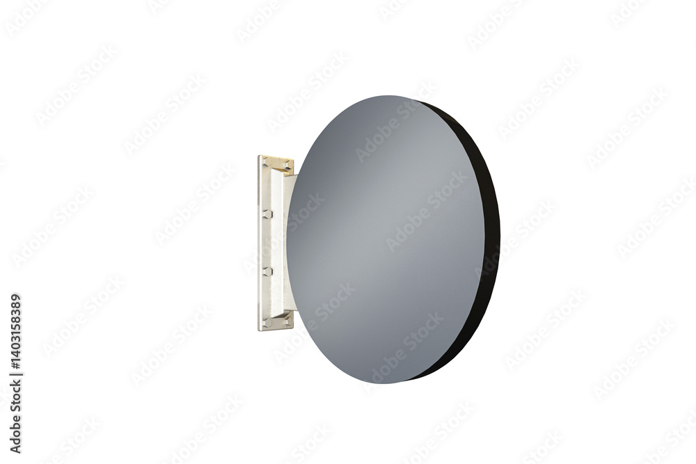 Poster circular wall-mounted mirror with metallic bracket isolated on clean white background. concept for s