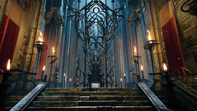 Ornate throne made of metal, branches, and intricate designs in a gothic style with candles and dramatic lighting.
