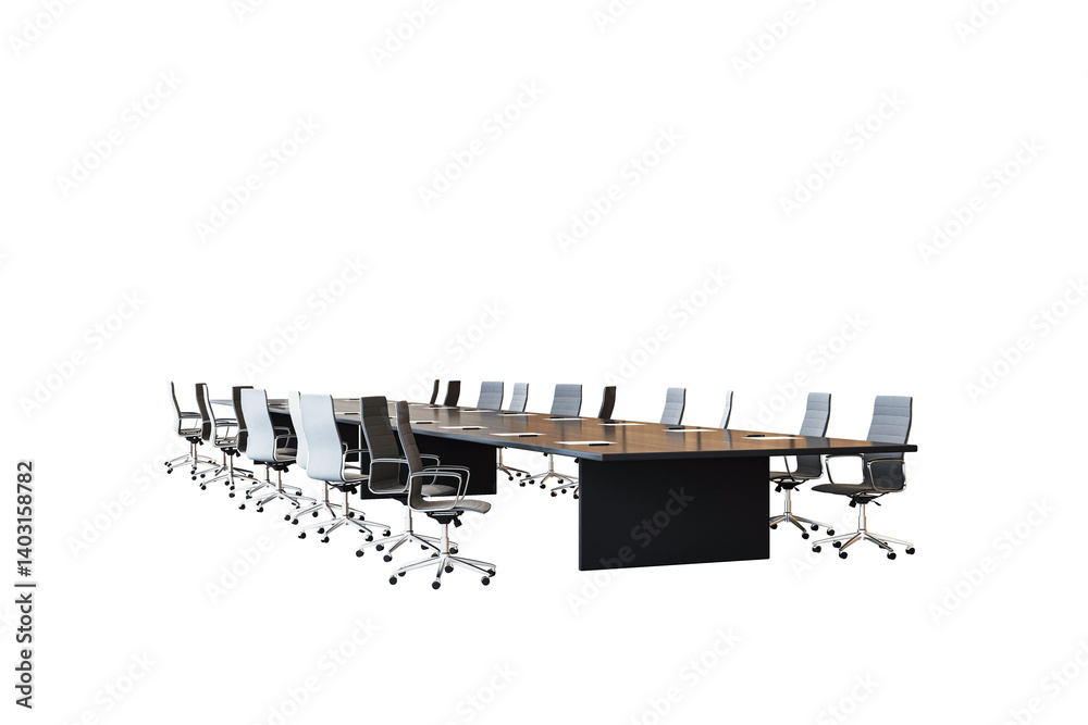 Poster large rectangular conference desk with black and white executive chairs, clean cutout style on trans