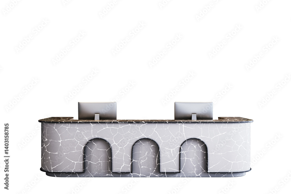 Aufkleber contemporary reception desk with marble texture and dual monitors, clean layout on white background.