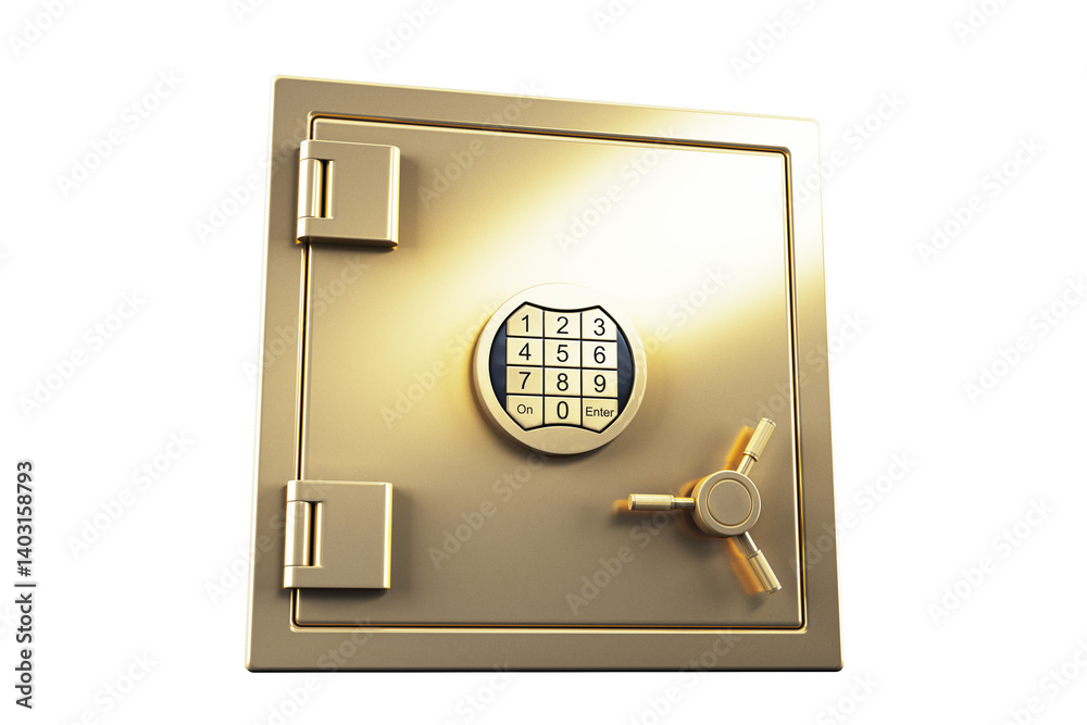 Poster Gold digital safe door with keypad and locking handle in metallic style, isolated on white background. 3D Rendering